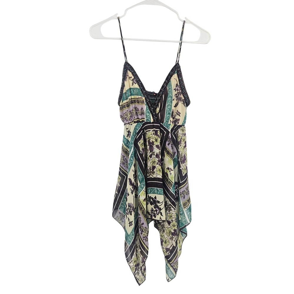 Vintage y2k Hotkiss Tank Top Green Floral Asymmetrical Mesh Cami Tunic Size L